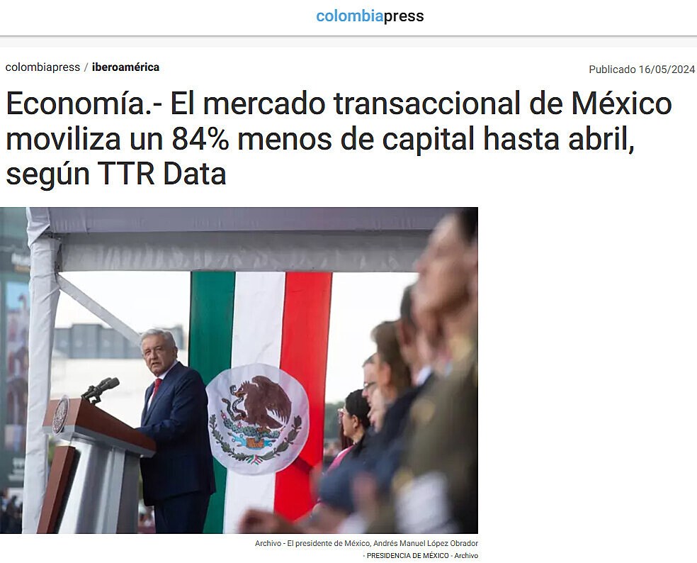 Economa.- El mercado transaccional de Mxico moviliza un 84% menos de capital hasta abril, segn TTR Data